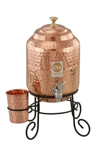 New Copper 5 Liter Water Dispenser Container Pot With 1 Copper Glass & Stand - Picture 1 of 3