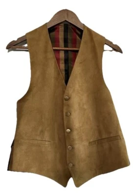 Chaleco Hombre Talla 40 Pequeño Vintage Western, Marrón Claro Gamuza Latón Botones Forrado Foto 1 de 4
