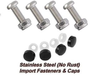 STAINLESS STEEL LICENSE PLATE FASTENERS FRAME/COVER METAL SCREWS/BOLT BLACK CAPS - Picture 1 of 3