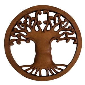Tree of Life Wood Trivet or Wall Decor with Flat Back Sculpture Carving - Picture 1 of 4