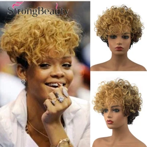 Kurze dunkelbraune blonde Ombre lockig Afro hohe Hitze OK Kunsthaarperücken - Bild 1 von 5