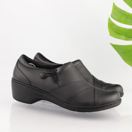 Mocassino Clarks donna Channing Ann taglia 11 nero pelle shootie zeppa scarpa comodo