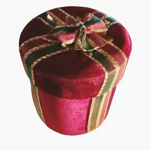 Lindy Bowman Co Red Velvet Gift Box Green Gold Ribbon Bow Lid Christmas Holiday - Picture 1 of 11