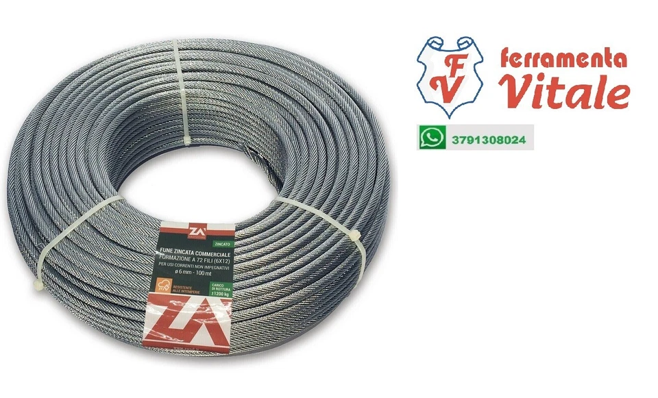 Fune Cavo Corda Acciaio Zincato 2, 3, 4, 5, 6, 8, 10mm 10/25/100mt varie misure - Immagine 1 di 1