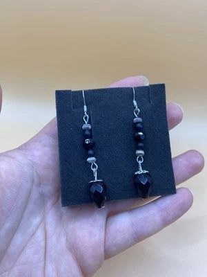 silver plated 925 onyx obsidian black dangly semi precious gemstone earrings - Image 1 of 4
