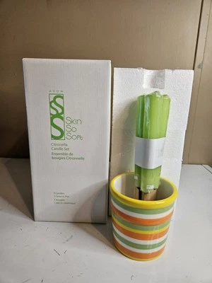 Avon Skin So Soft Citronella 3 Candle Set Striped Ceramic Pot Summer Patio New - Image 1 of 4