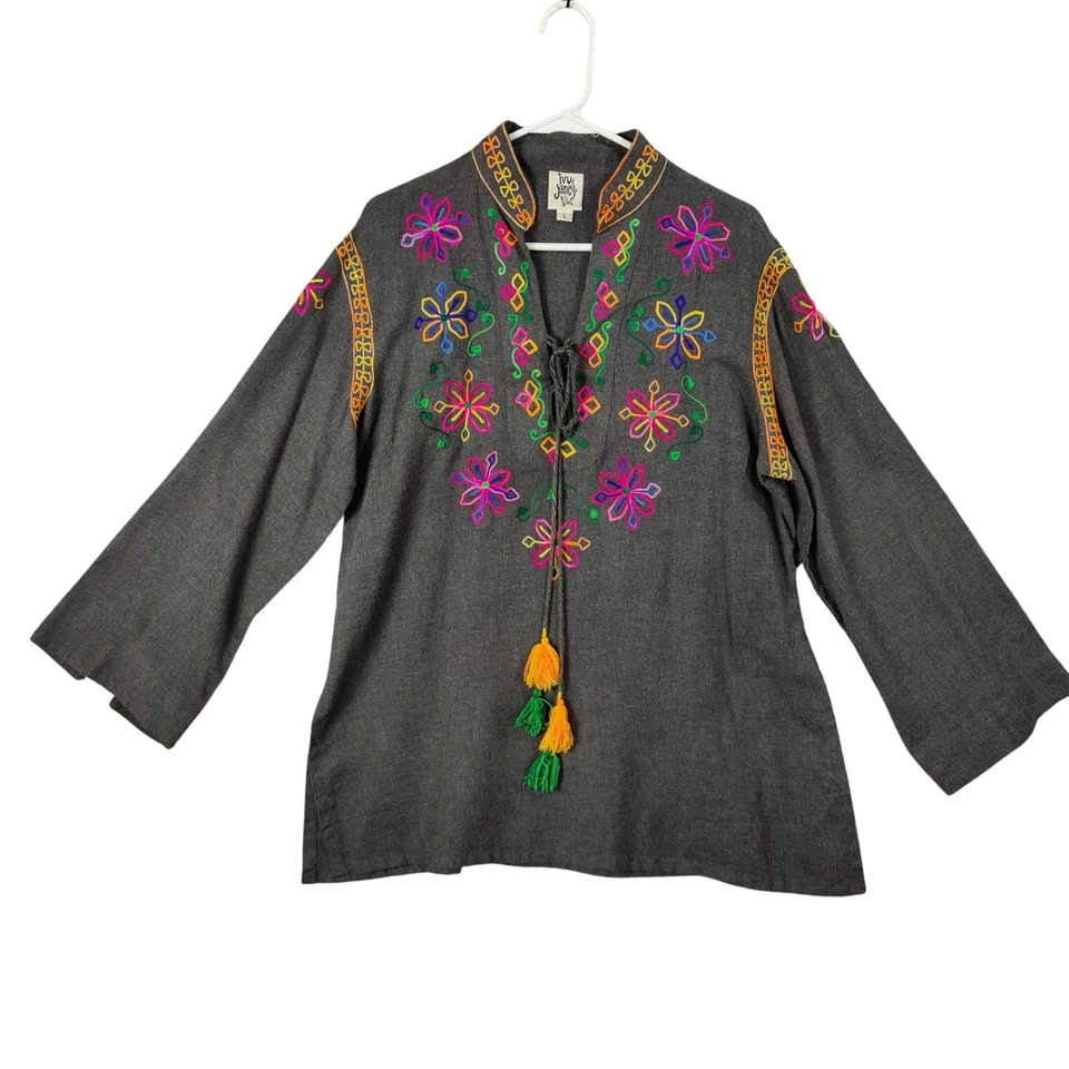 Top túnica Ivy Jane para mujer grande gris boho bordado hippie coachella borla Foto 1 de 4