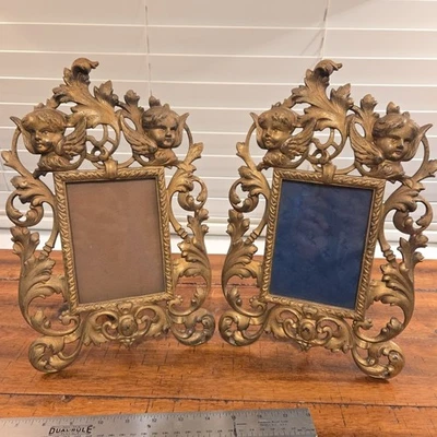 Par de querubines victorianos con marco de latón pesado 13"x8" EXC 4x6 Foto 1 de 4
