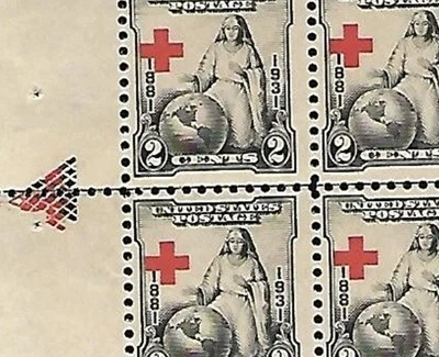 702 - BIG "RED CROSS" SHIFT to the LEFT in LINE BLOCK of 4 w ARROWS in SELVAGE! - Image 1 of 3