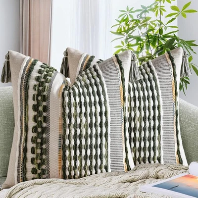 Juego de 2 Fundas de Almohada Estéticas Boho Texturizadas a Rayas de Chenilla con Ta... Foto 1 de 4