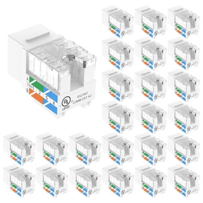 UL Listed 10Gbps Cat6 Keystone Jack Insert 25-Pack, 90 Degree Punch Down RJ45... - Immagine 1 di 4