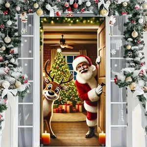 Winter Santa Claus Christmas Deer Door Cover Decoration Hanging Door Banner - Picture 1 of 28