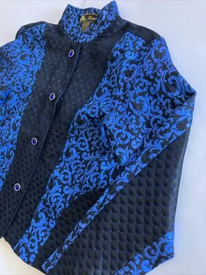 Abrigo Chaqueta Acolchada De Colección Años 90 Mirasol Floral Lunares Azul/Negro Gema Botones Talla S Foto 1 de 4