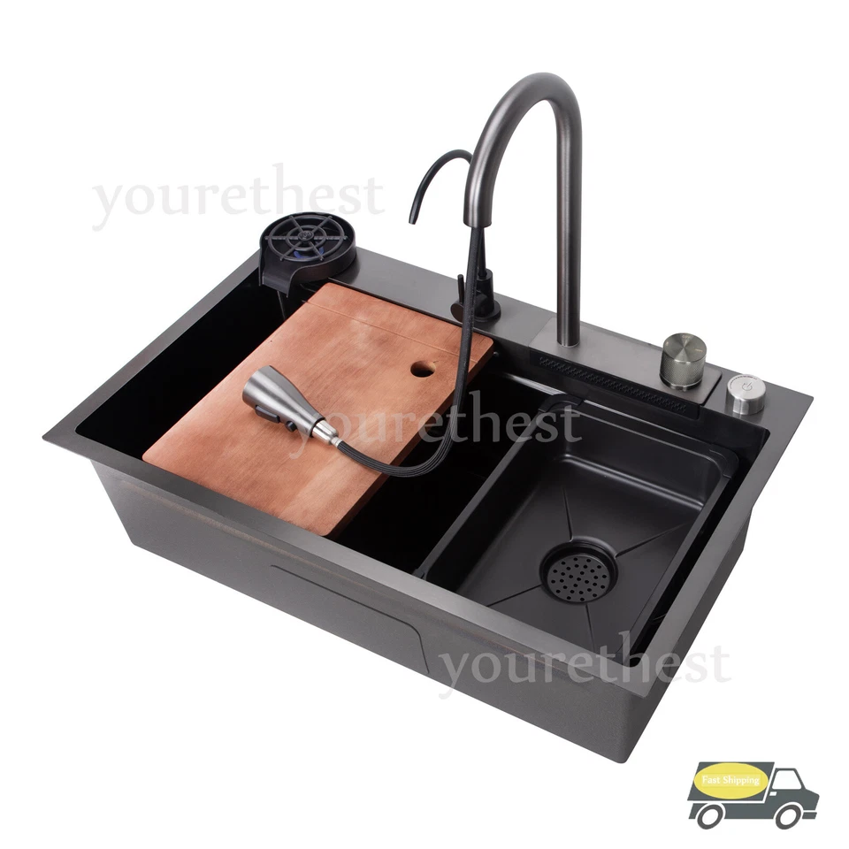 YAMISSI Flying Rain Stainless Steel Waterfall Kitchen Sink Pull Down Faucet Black 29.5in