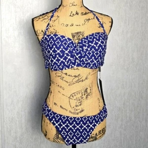 Moontide Women's 14 Bikini Ruched Bandeau Top & Bottom Geometric Blue White NWT - Picture 1 of 12