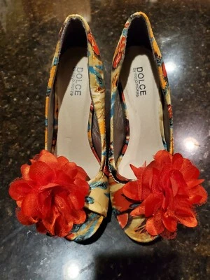 DOLCE by MOJO MOXY Women’s Red Peacock Open Toe Heels Shoes Size 7.5 - Image 1 of 4