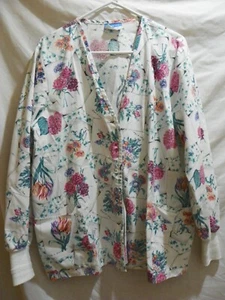 Scrub Crest Flowers Top: Size XL, V-neck, long sleeve with cuff, MADE IN USA - Picture 1 of 7