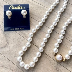 Vintage Carolee Gold Tone Faux Pearl Hand Knotted 18” Long Necklace Earring Set - Picture 1 of 8