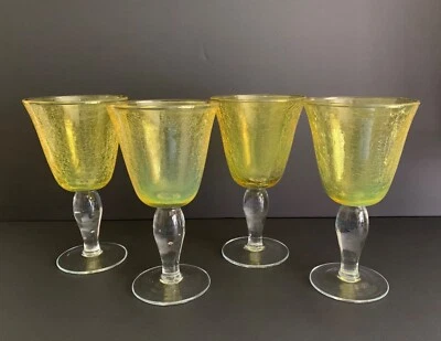 Juego de 4 copas grandes de vidrio amarillo craquelado/vasos de vino vajilla soplada a mano Foto 1 de 4