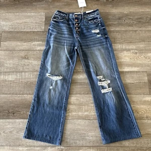 KanCan Jeans 9/28 Dark Blue Button Fly 90’s Wide Flare Distressed Boho Denim NWT - Picture 1 of 20