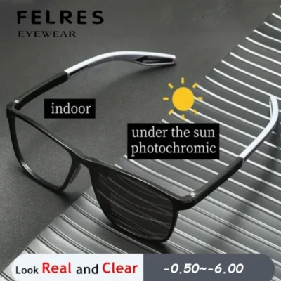 Classic Photochromic Myopia Glasses For Men Women Square Nearsighted Sunglasses - Image 1 of 4