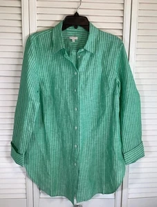 Talbots Linen Boyfriend Shirt Women’s size M Green & White Stripes Button Up - Picture 1 of 6