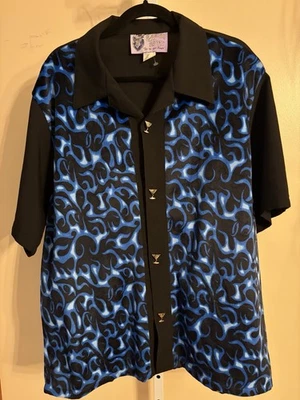 Classic Casino Wear Velour Blue Flame Martini Glass Button Rockabilly Shirt XL - Image 1 of 4