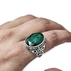 NATURAL EMERALD CORUNDUM MAY BIRTHSTONE 925 STERLING SILVER UNIQUE DESIGN RING - Picture 1 of 9