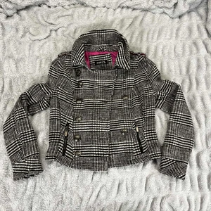 Rue21 Peacoat Damen M schwarz weiß Hahnentritt Wollmischung Zweireiher Jacke - Bild 1 von 8