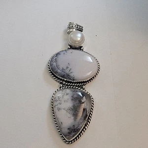 Necklace Pendants Dendritic Opal and Pearl Handmade Jewelry in Sterling Silver - Picture 1 of 10