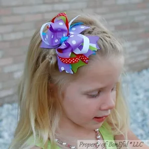 BonEful RTS NEU Mädchen Boutique Haar * Schleife 4" Band hell lila rot weiß aquamarin Punkte - Bild 1 von 6