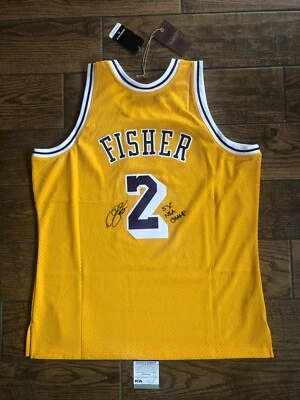 Derek Fisher Signed 5x NBA CHAMP Mitchell Ness Lakers Swingman Jersey PSA Auto - Image 1 of 4