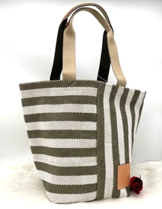 AUTH NWT TORY BURCH Gracie Green Striped Print XLarge Canvas Tote Shopper Bag - Picture 1 of 12