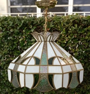 Vintage Tiffany style Stained Glass iridescent Hanging Light Lamp Ceiling  - Picture 1 of 14