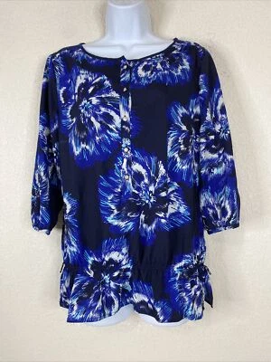New York & Co Womens Size M Blue Floral Blouse 3/4 Sleeve - Image 1 of 4
