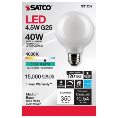 SATCO S21232 - 4.5 Watt G25 LED Candelabra Bulb - 4000K - 120 Volts (6 Pack) - Image 1 of 4