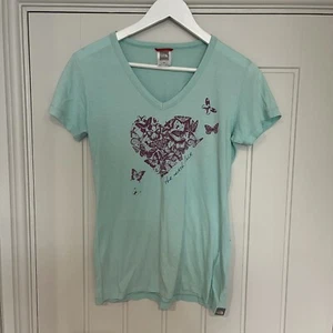The North Face Women’s Light Blue Heart Butterflies T Shirt Size Medium - Picture 1 of 3