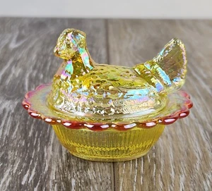 Marigold Carnival Glass Mini Hen on Nest Covered Salt Cellar Dish 3" -Glows! - Picture 1 of 8