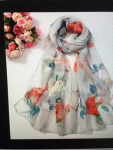 Women Grey Multi-color Floral Sheer Print Long Neck Shawl Scarf. Size 20" x 64". - Picture 1 of 1