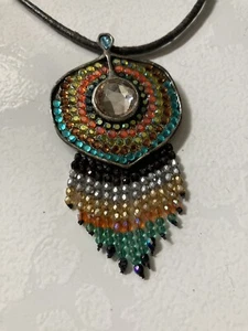 Chico’s PEACOCK Feather Pendant Leather Cord Necklace Rhinestones & Dangle Beads - Picture 1 of 6