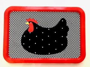 Vintage ‘70s FAROY Farmhouse Tray Checkerboard Sitting Hen Red Black Metal SPAIN - Picture 1 of 10