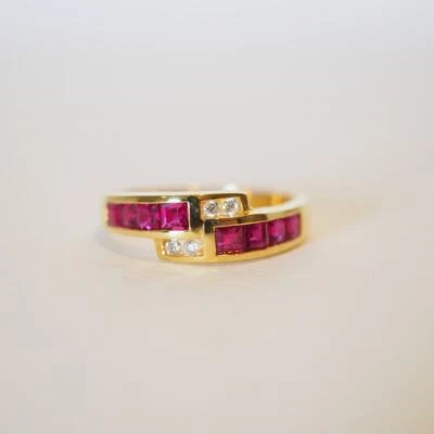 14K Solid Yellow Gold Natural Red Ruby and Diamonds Vintage Women Band Ring - Image 1 of 4
