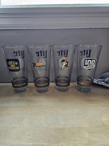 4x MILLER LITE 7.5" GREEN BAY PACKERS 22OZ HEAVY BEER GLASSES NUCLEATED (AB2) Cover