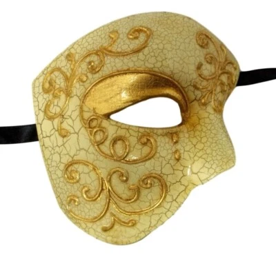 Gold Phantom of the Opera Men's Venetian Half Mask Masquerade Mardi Gras Deluxe - Image 1 of 2