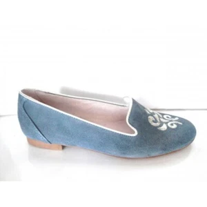J'himos Zapato de piel oxford azul ante, bordado con hilo plata, plano, vestir - Imagen 1 de 2