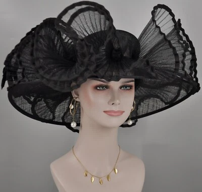 Black Kentucky Derby Church Wedding Easter Tea Party Wide Brim Sinamay Hat - Image 1 of 4