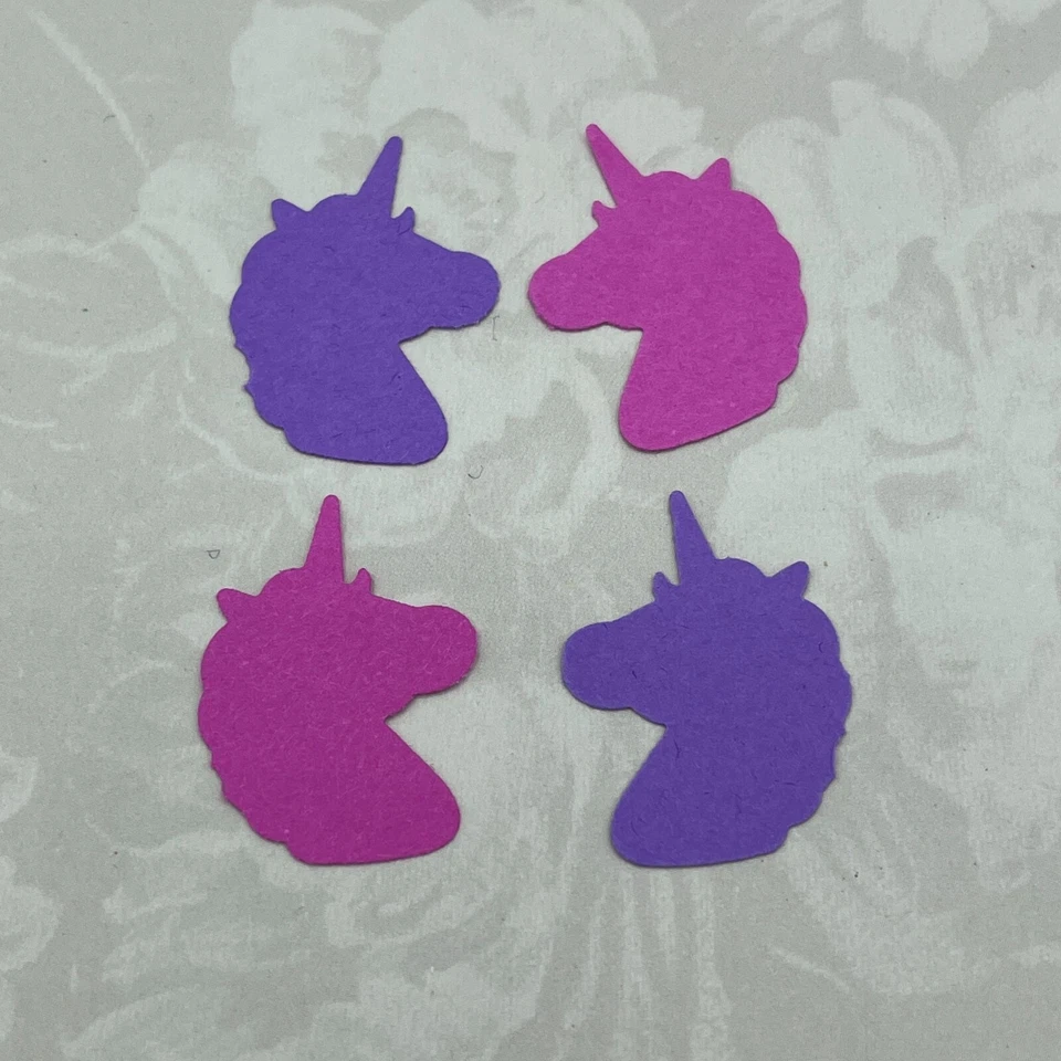 Troquelado en forma de unicornio de 1 pulgada en cartulina rosa y púrpura, 90 piezas, confeti Foto 1 de 3