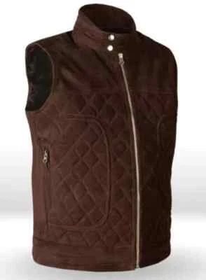 Suede Leather Quilted Puffer Vest for Men Brown Size XS S M L XL XXL 3XL - Image 1 of 4