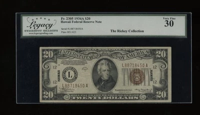 DBR 1934-A $20 FRN Hawaii Fr. 2305 Legacy 30 Serial L88718450A - Image 1 of 2