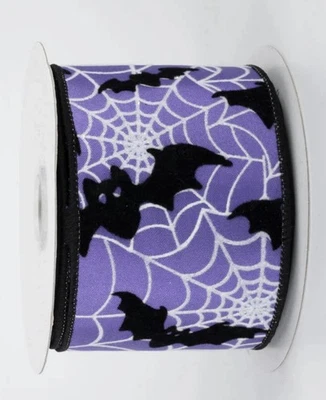 🎅🏻 Halloween Ribbon Purple With Black Bats And White Spider Webs 2.5 Inch Wide - Image 1 of 2
